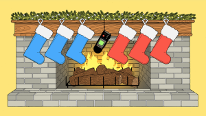 An illustration showing blue and red Christmas stockings hung up on a mantel and separated by a hand-held tape recorder.