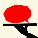 A cutout illustration of a red speech bubble served over a platter; a black silhouette is holding the platter