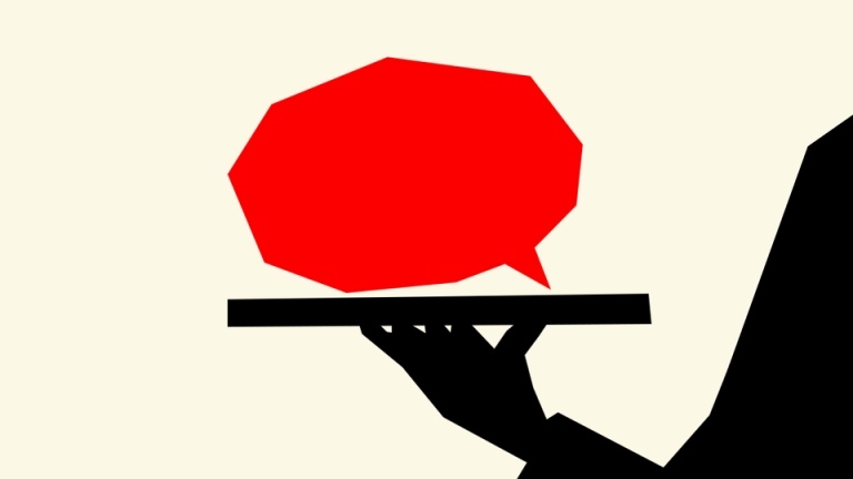 A cutout illustration of a red speech bubble served over a platter; a black silhouette is holding the platter