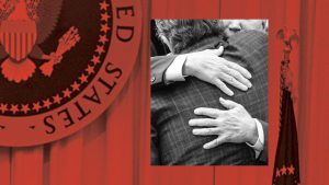 Collage of Hunter Biden and Joe Biden embracing with the presidential seal in the background tinted red