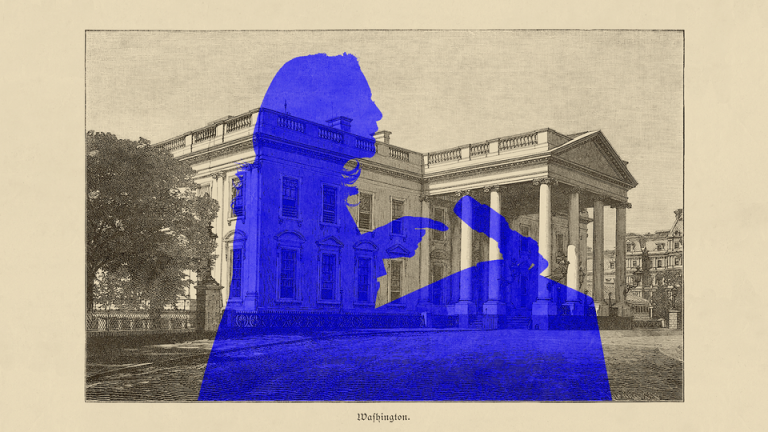 An illustration of a blue silhouette of Kamala Harris speaking against the background of neoclassical Washington building.