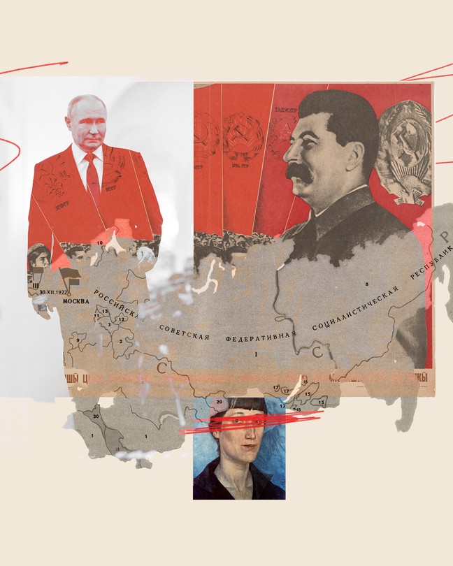 A photo illustration depicting Vladimir Putin, Joseph Stalin, and Anna Akhmatova with a map of the Soviet Union