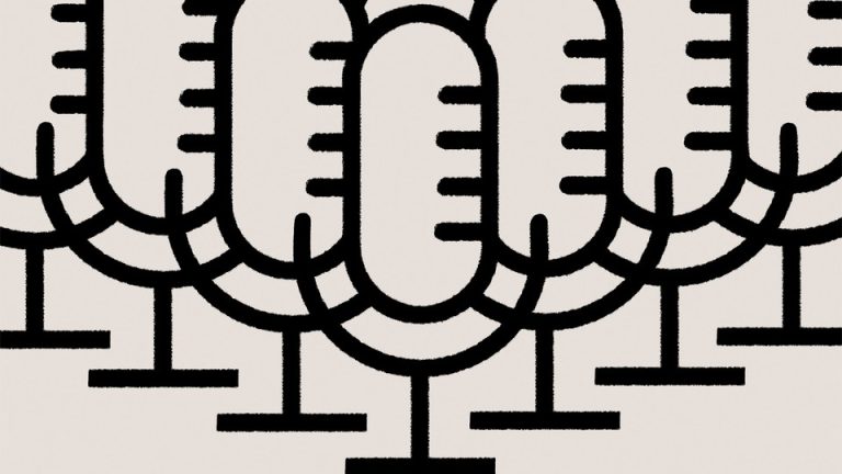 Illustration of outlines of black vocal microphones on stands multiplying backwards in a V shape, on a tan background.