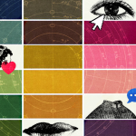 Grid of different color squares alternating with black-and-white illustrations of lady in bonnet, lips, woman's blouse, and eye, with cursor arrows and heart