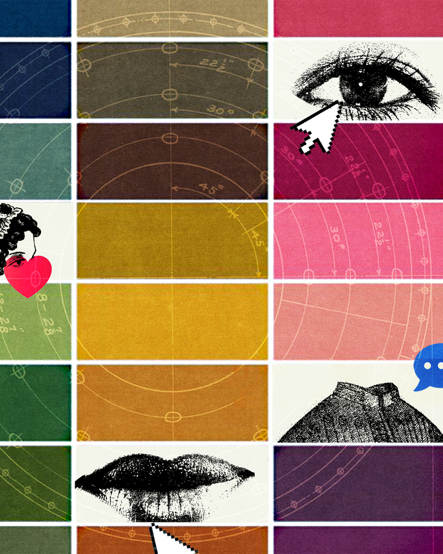 Grid of different color squares alternating with black-and-white illustrations of lady in bonnet, lips, woman's blouse, and eye, with cursor arrows and heart