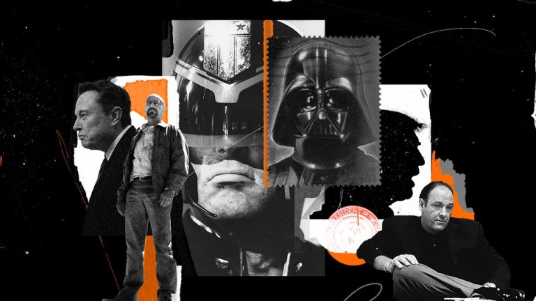 Collage of black and white photos of Elon Musk, a standing Walter White, Judge Dredd frowning with his helmet on, a postal stamp stylized with Darth Vader’s helmet, the silhouette of Donald Trump, and Tony Soprano.