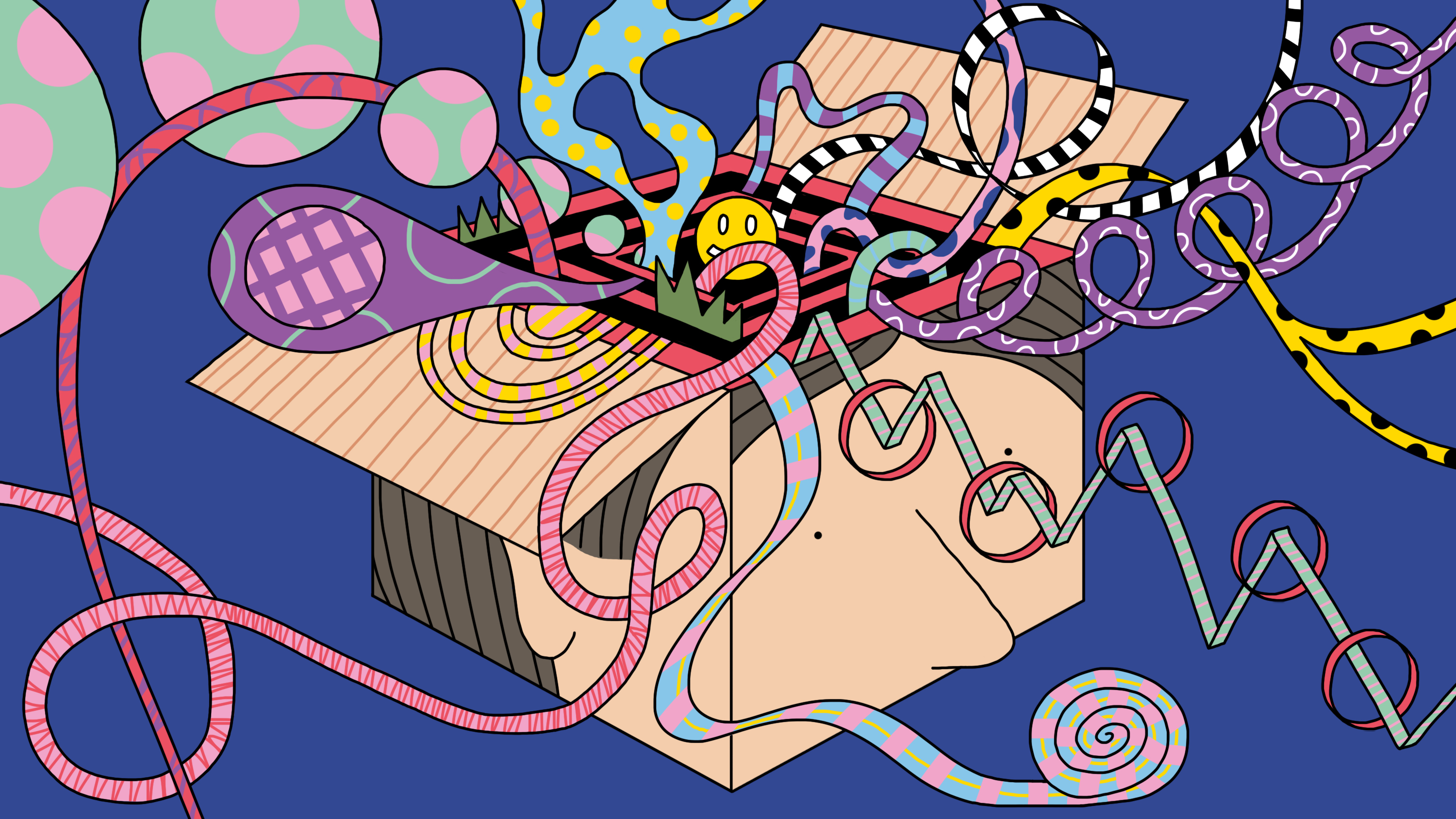 An illustration of a gift box with all sorts of colorful streamers popping out.