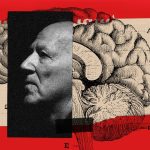 A collage showing photograph of Werner Herzog superimposed over a scientific illustration of a human brain.