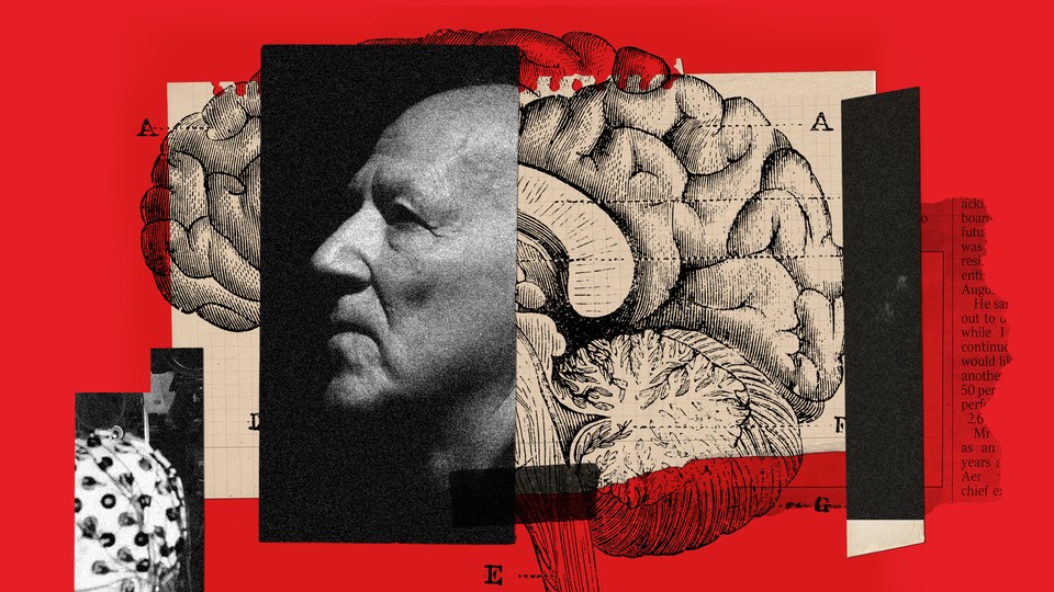 A collage showing photograph of Werner Herzog superimposed over a scientific illustration of a human brain.