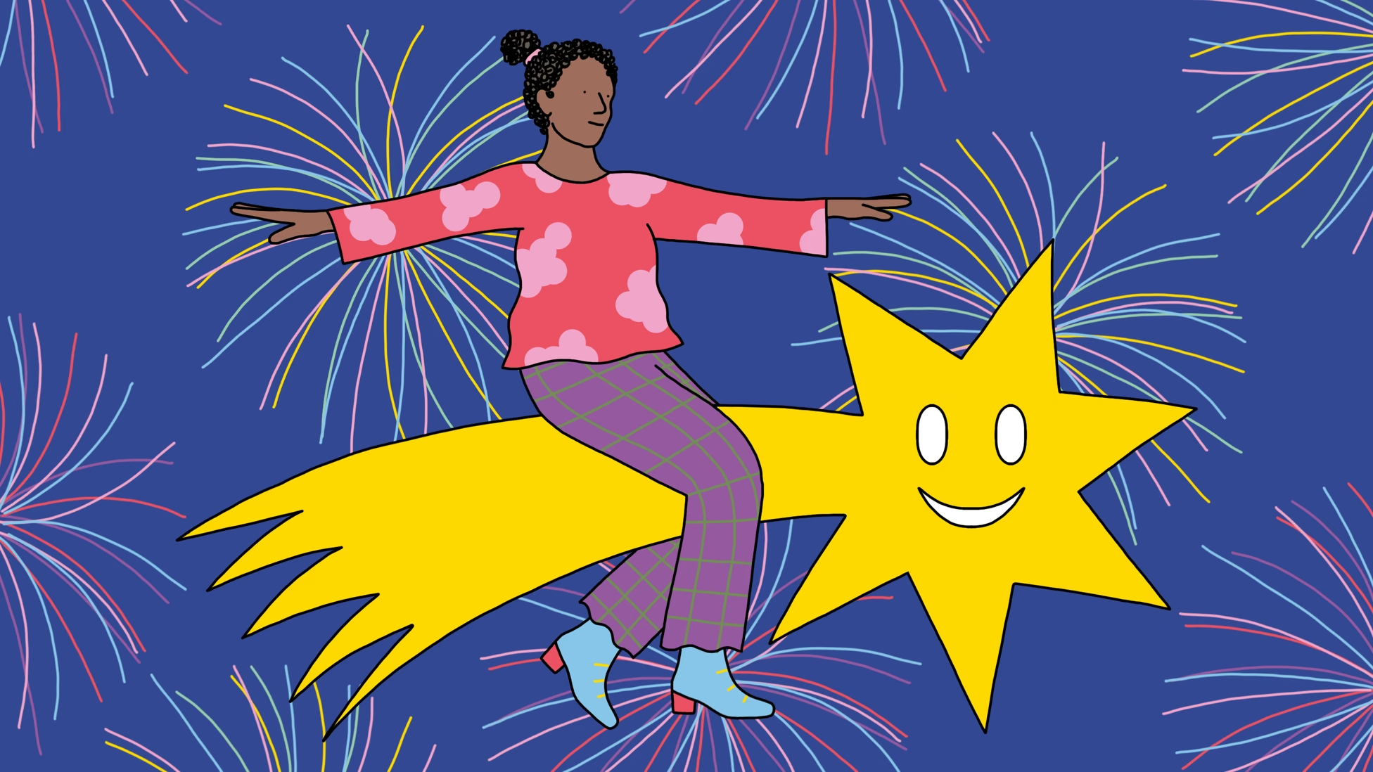 An illustration of a woman riding on a shooting star