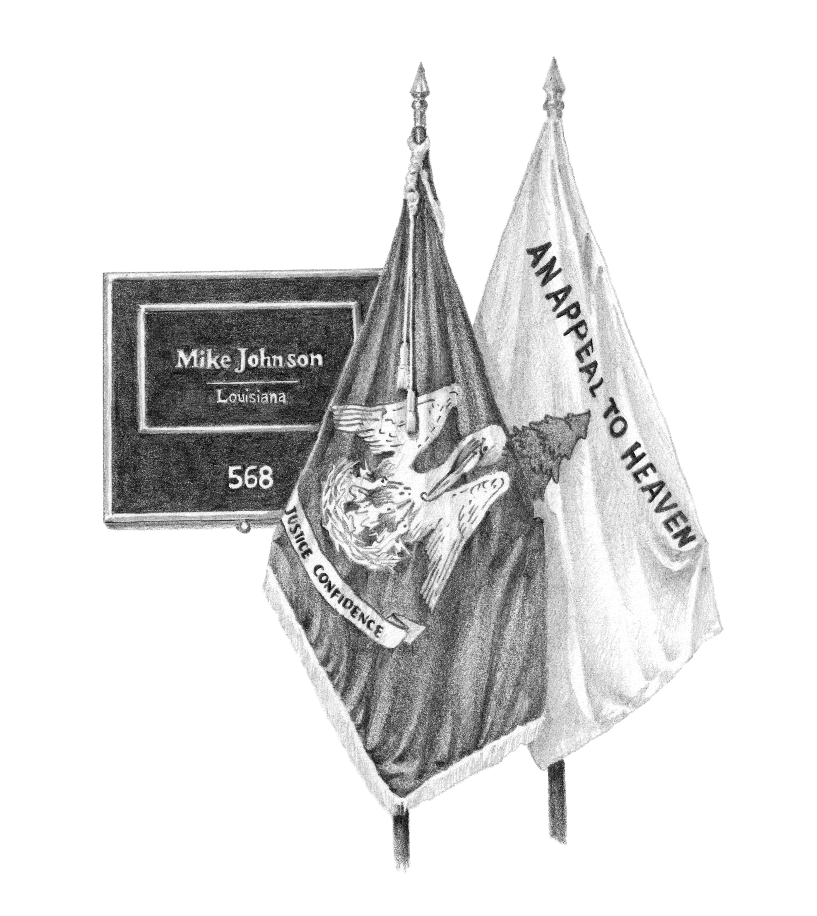 illustration of the name plaque outside Mike Johnson's congressional office with two flags, one reading AN APPEAL TO HEAVEN