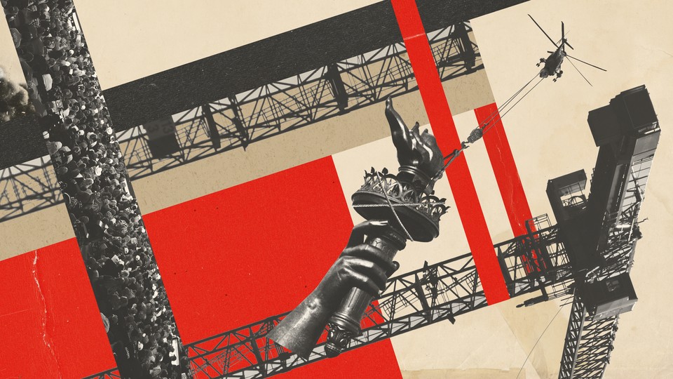 Illustration in Soviet Constructivist style with U.S. symbols