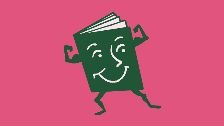 An anthropomorphic book flexing its biceps.