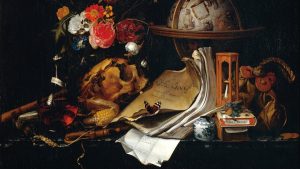 A vanitas painting of a skull, flowers, globe, butterfly and more