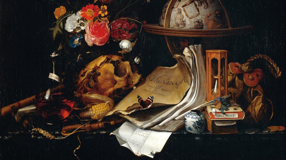 A vanitas painting of a skull, flowers, globe, butterfly and more