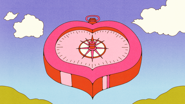 An illustration showing a heart-shaped compass floating above a landscape.