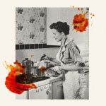 An image of a woman in a kitchen with food splotches on top