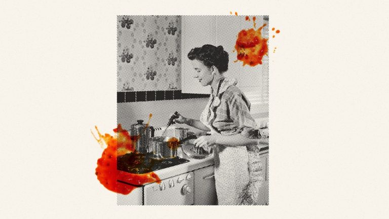 An image of a woman in a kitchen with food splotches on top