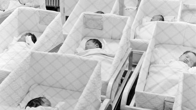 Newborn babies in a hospital, but they're behind a wire fence