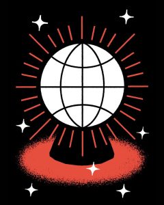 illustration of white globe with longitude/latitude grid as a crystal ball with red glow and white stars on black background