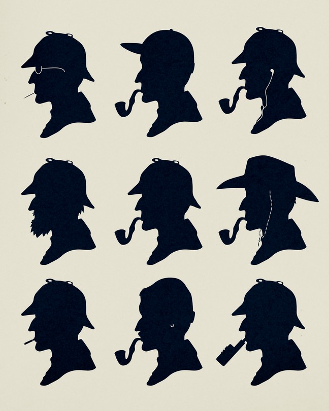 Silhouettes of eight Sherlock Holmes profiles, each wearing distinct hats and smoking different pipes