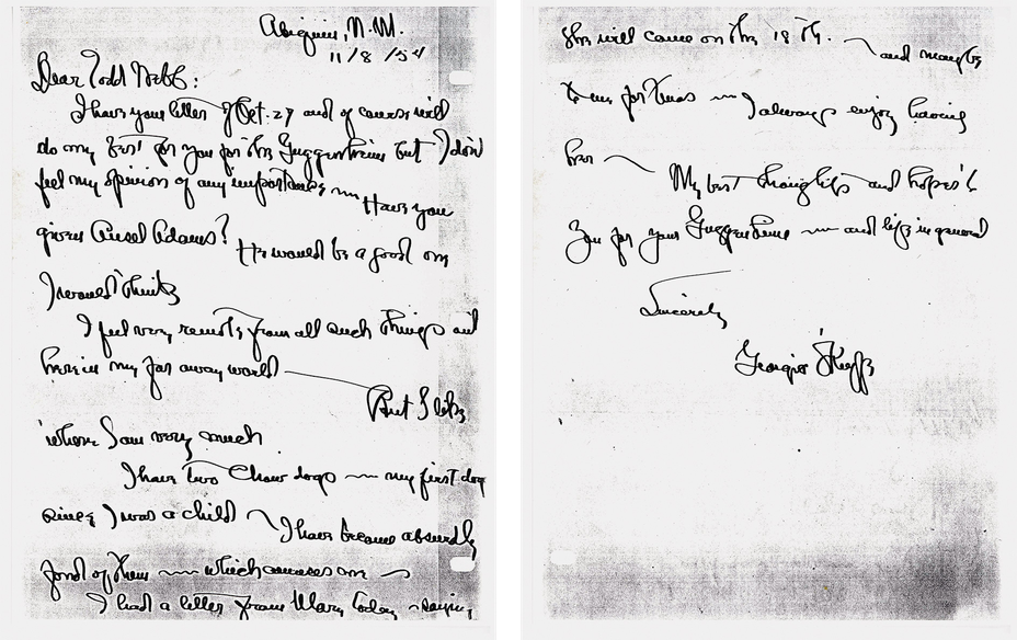 black-and-white scan of front and back of handwritten letter from O'Keeffe to Webb in looping cursive script