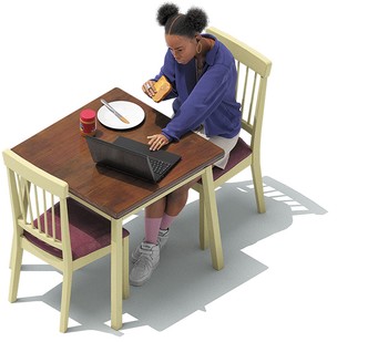 illustration of person eating at table while working on a laptop computer