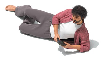 illustration of barefoot bearded man in sweats lying on ground propped up on one elbow holding video-game controller